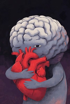 Brain creature hugging red heart