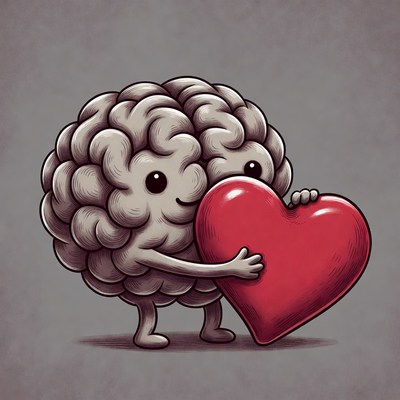Cartoon brain hugging red heart