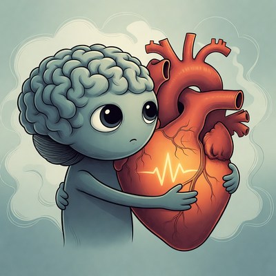 Cartoon brain hugging glowing heart