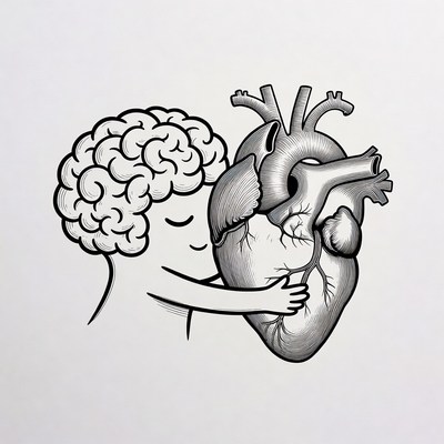Brain hugging heart illustration
