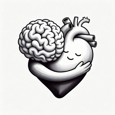 Brain hugging heart illustration