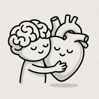 Cartoon brain hugging heart