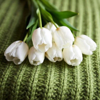 White tulips on green knit fabric