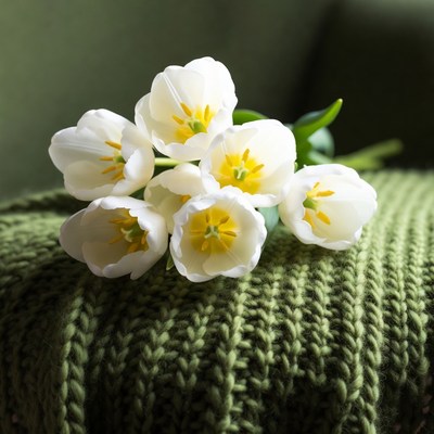 White tulips on green knit fabric