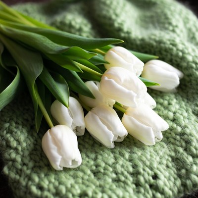 White tulips on green knitted blanket