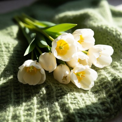 White tulips on green knit fabric