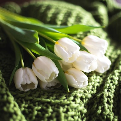 White tulips on green knitted fabric