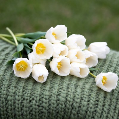 White tulips on green knitted fabric