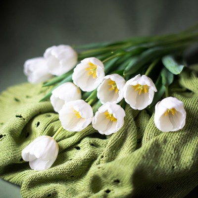 White Tulips on Green Knit Fabric