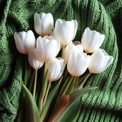 White tulips on green knit fabric
