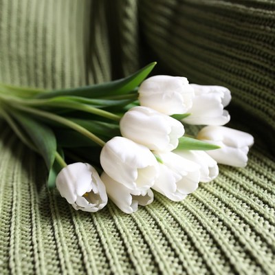White Tulips on Green Knit Fabric