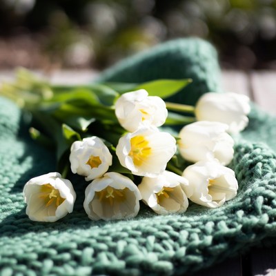 White tulips on green blanket