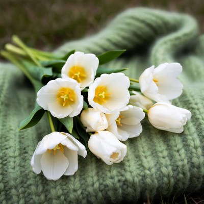 White tulips on green sweater