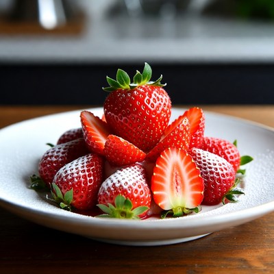 Strawberries with powdered sugar on plate