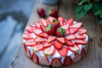 Strawberry Cake on Wooden Table