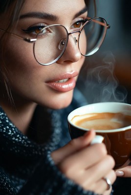 Woman drinking coffee with glasses