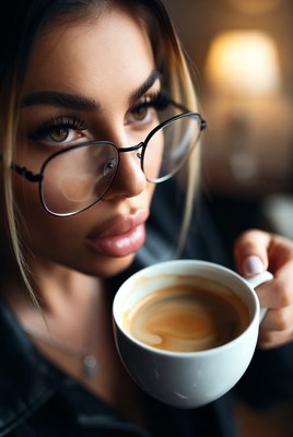 Woman drinking coffee with glasses