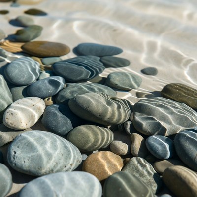 Colorful pebbles under shallow water