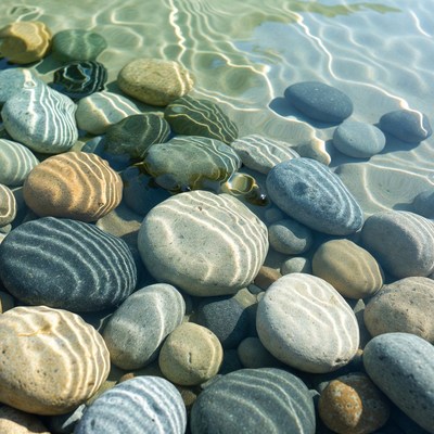 Colorful pebbles in shallow water