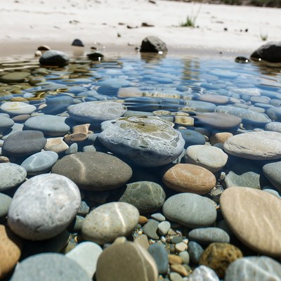 Colorful pebbles in clear shallow water