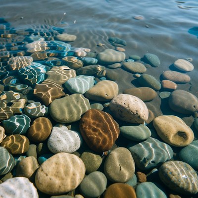Colorful pebbles in shallow water