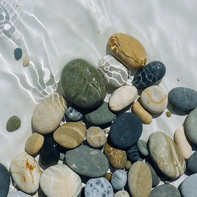 Colorful pebbles under shallow water