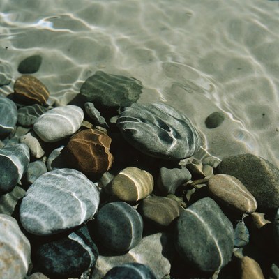 Colorful pebbles under shallow water
