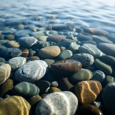 Colorful pebbles under clear water