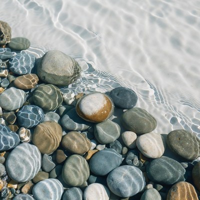 Colorful pebbles in shallow water