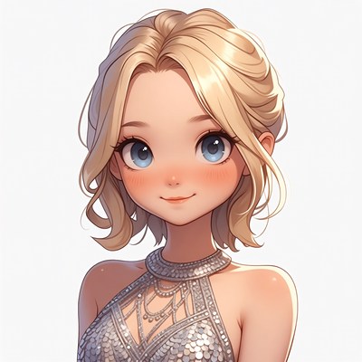 Blonde anime girl in silver dress
