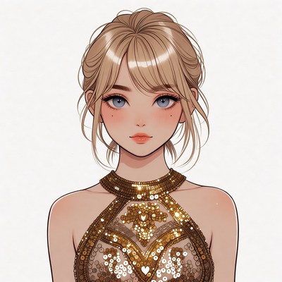 Blonde woman in gold sequin dress