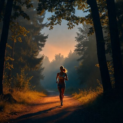 Woman running on forest trail at sunset