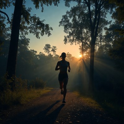 Woman running on forest trail at sunrise