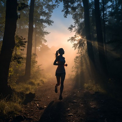 Woman running in misty forest trail