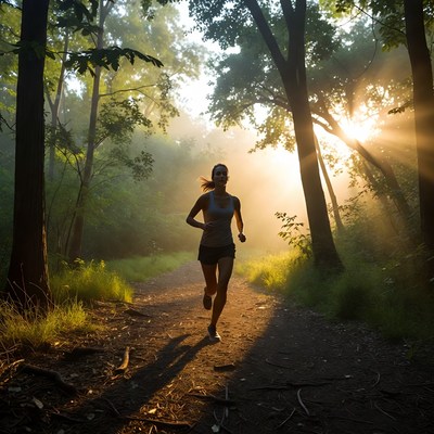 Woman running on forest trail at sunrise