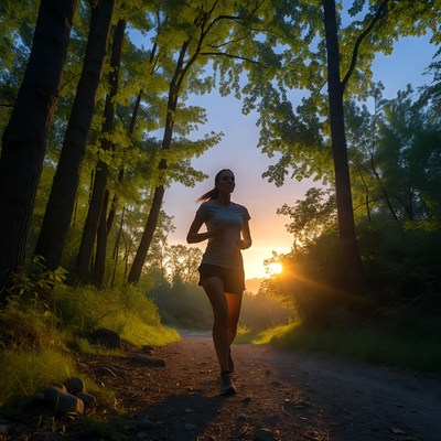 Woman jogging on forest trail at sunset