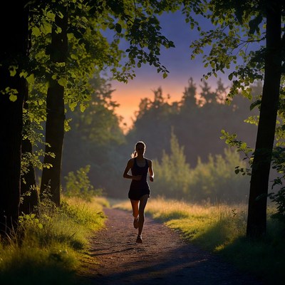 Woman running on forest trail at sunset
