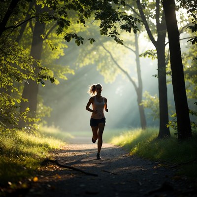 Woman running in sunlit forest trail