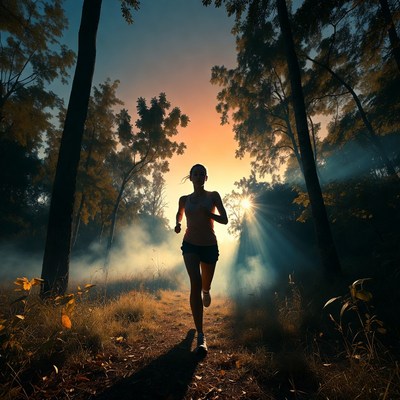 Woman running in forest at sunset