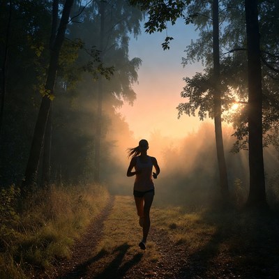 Woman running in misty forest sunrise