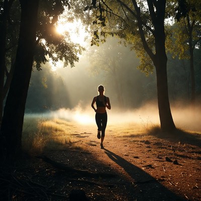 Woman running in misty forest trail