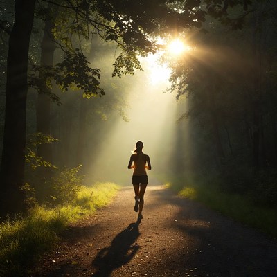 Woman running forest path sunlight