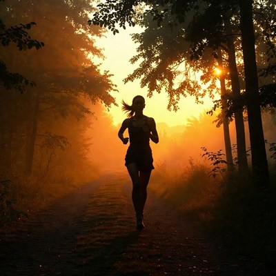 Woman running on forest path at sunset