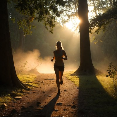 Woman running on forest trail at sunrise