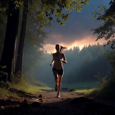 Woman running trail at sunset