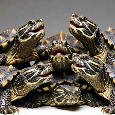 Group of baby turtles stacked together