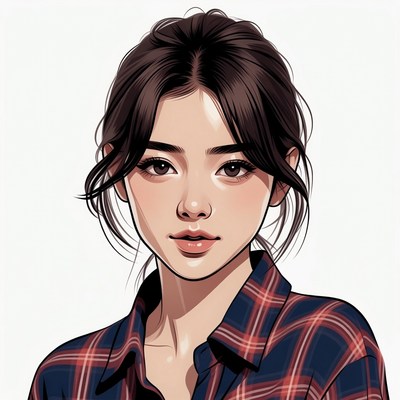 Asian woman in plaid shirt