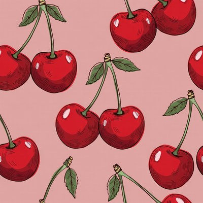 Red Cherries Pattern on Pink Background
