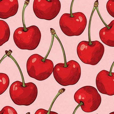 Red Cherries Pattern on Pink Background