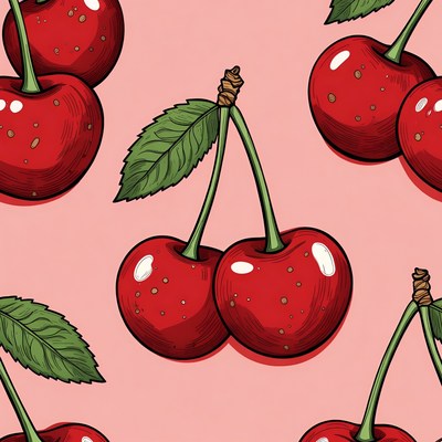 Red Cherries Pattern on Pink Background